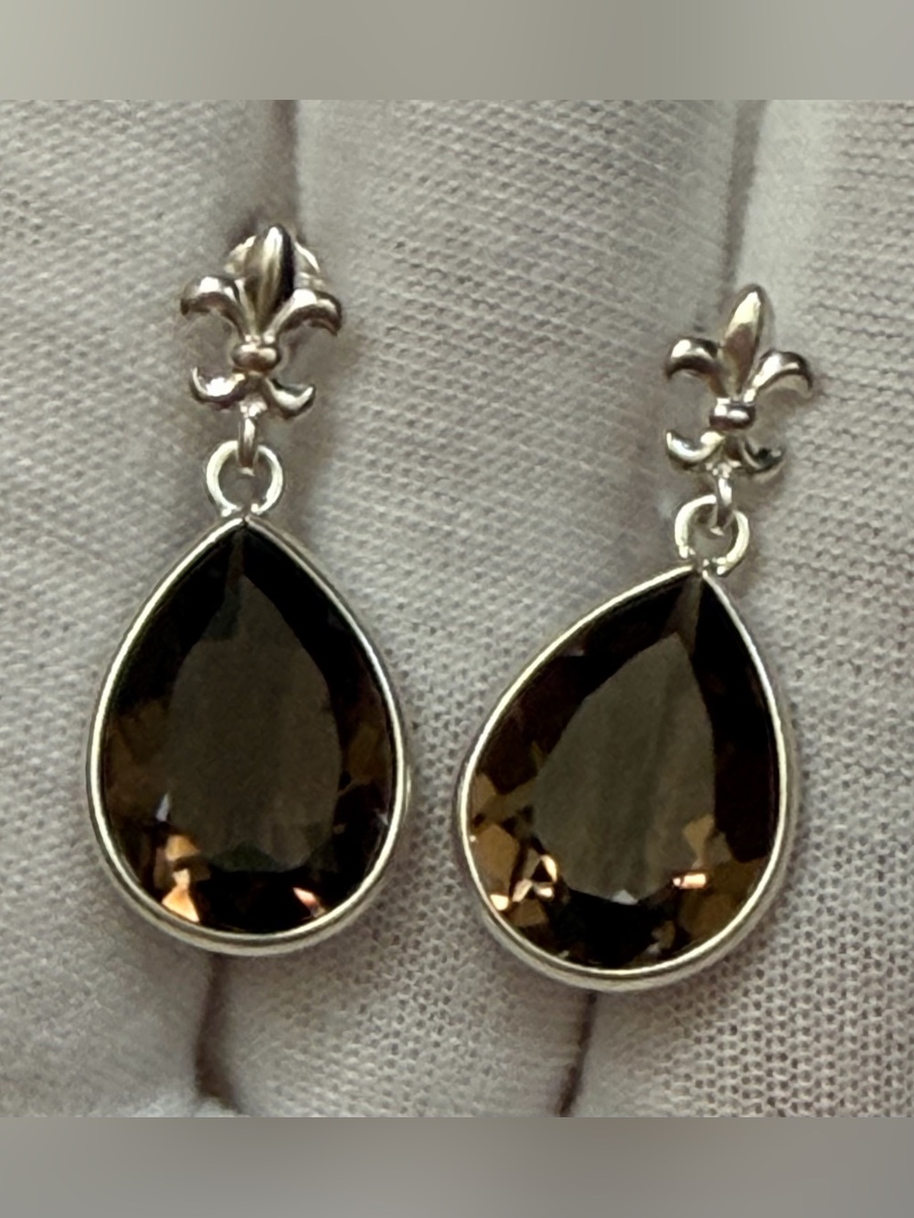 QVC Sterling Silver 925 Fleur-de-Lis Teardrop Smoky Quartz Earrings